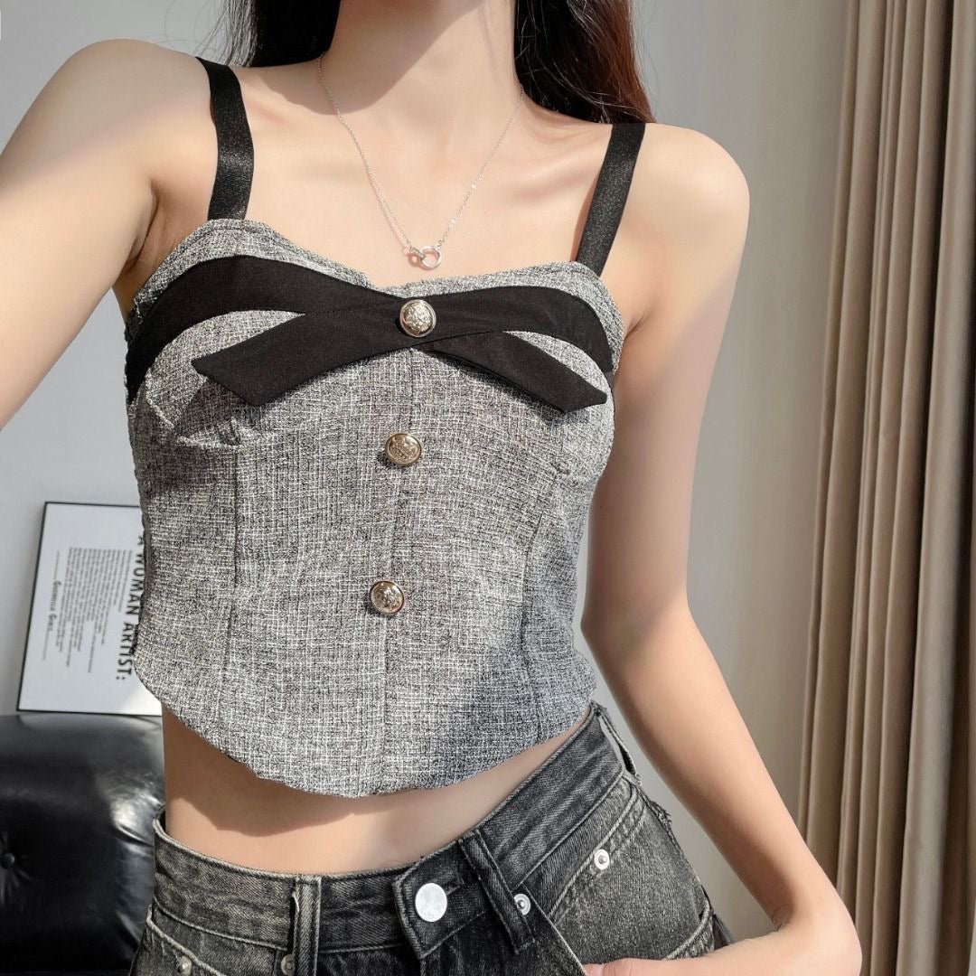 Chic Tweed Bow Built - In Bra Cami – Vintage Elegance with a Modern Twist - Zero Bra
