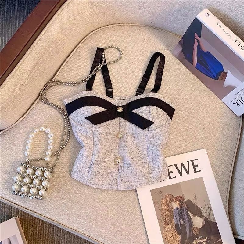 Chic Tweed Bow Built - In Bra Cami – Vintage Elegance with a Modern Twist - Zero Bra