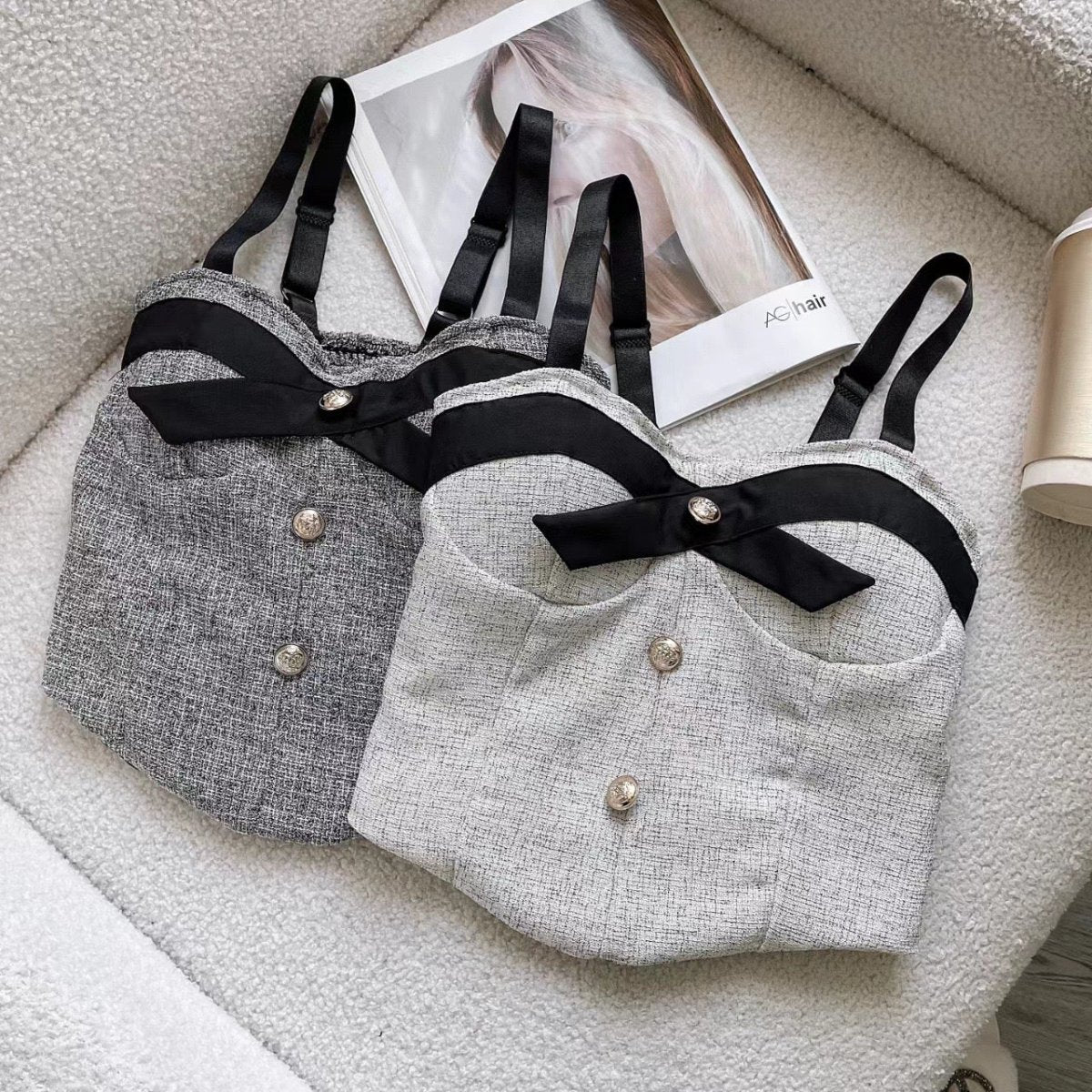 Chic Tweed Bow Built - In Bra Cami – Vintage Elegance with a Modern Twist - Zero Bra