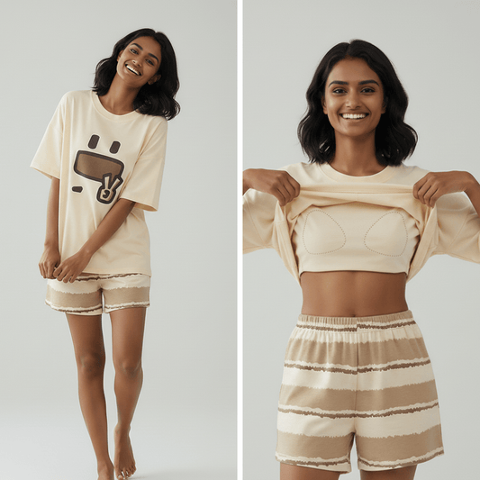 Chill Vibes Cartoon PJ Set – With Padded Ease - Zero Bra
