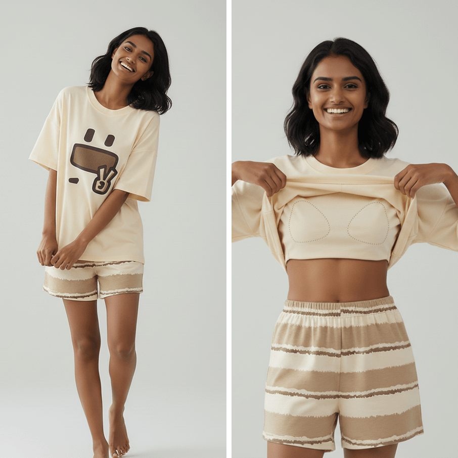 Chill Vibes Cartoon PJ Set – With Padded Ease - Zero Bra