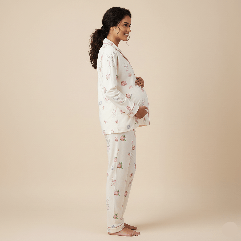Cream Bunny Maternity & Nursing Padded PJ Set – Cute, Cozy & Bra - Free - Zero Bra