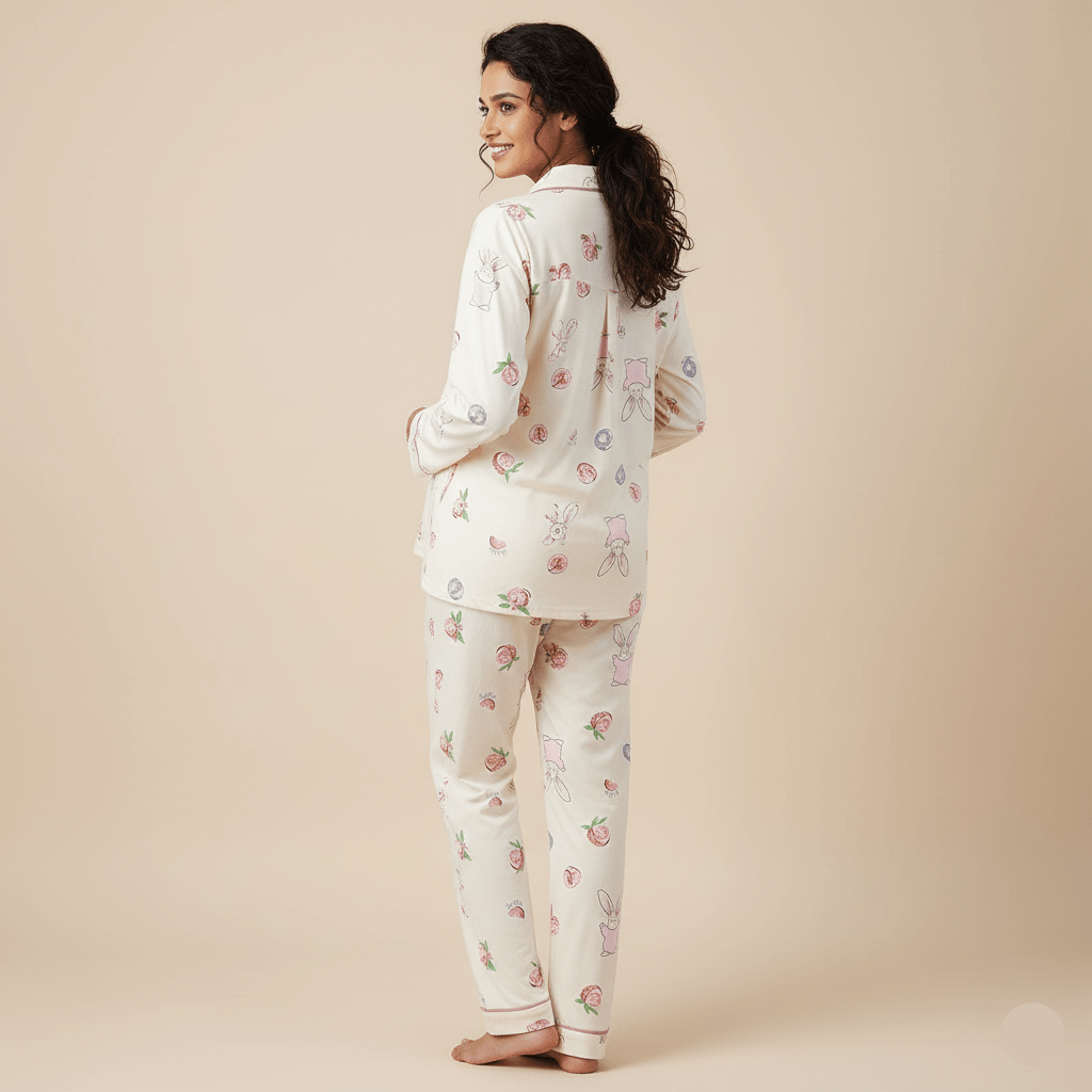 Cream Bunny Maternity & Nursing Padded PJ Set – Cute, Cozy & Bra - Free - Zero Bra