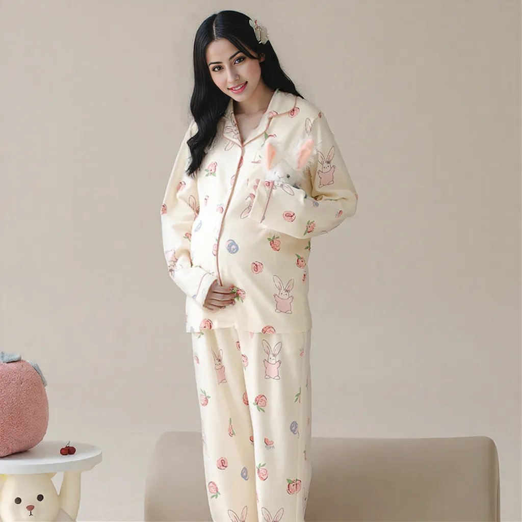 Cream Bunny Maternity & Nursing Padded PJ Set – Cute, Cozy & Bra - Free - Zero Bra