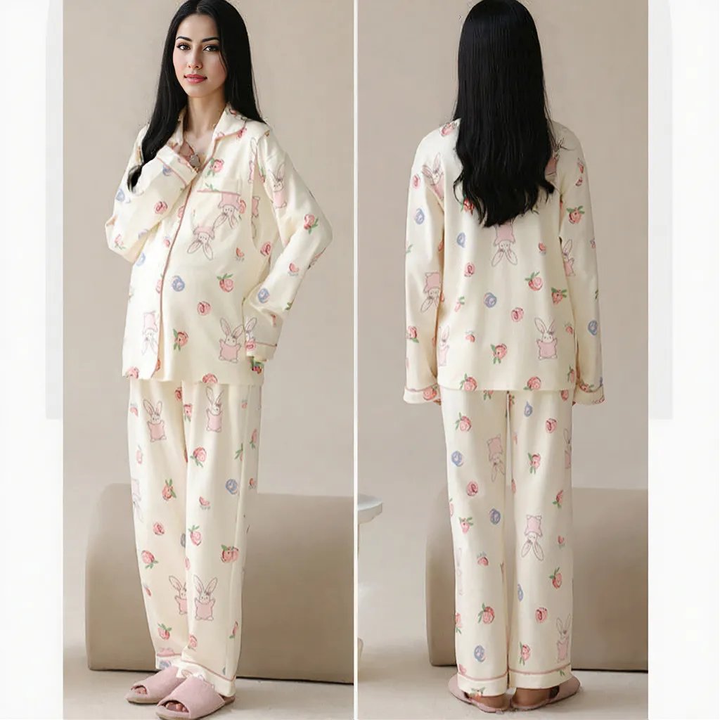 Cream Bunny Maternity & Nursing Padded PJ Set – Cute, Cozy & Bra - Free - Zero Bra