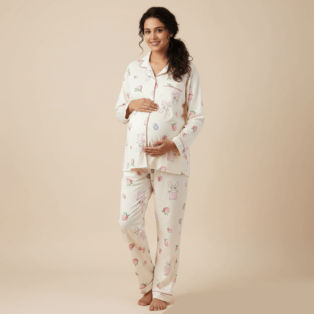 Cream Bunny Maternity & Nursing Padded PJ Set – Cute, Cozy & Bra - Free - Zero Bra