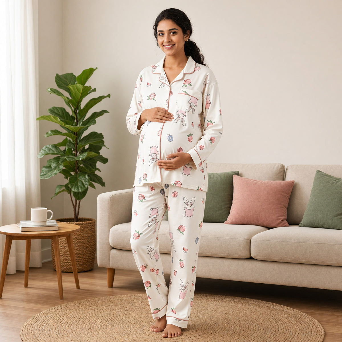 Cream Bunny Padded Feeding Night Suit