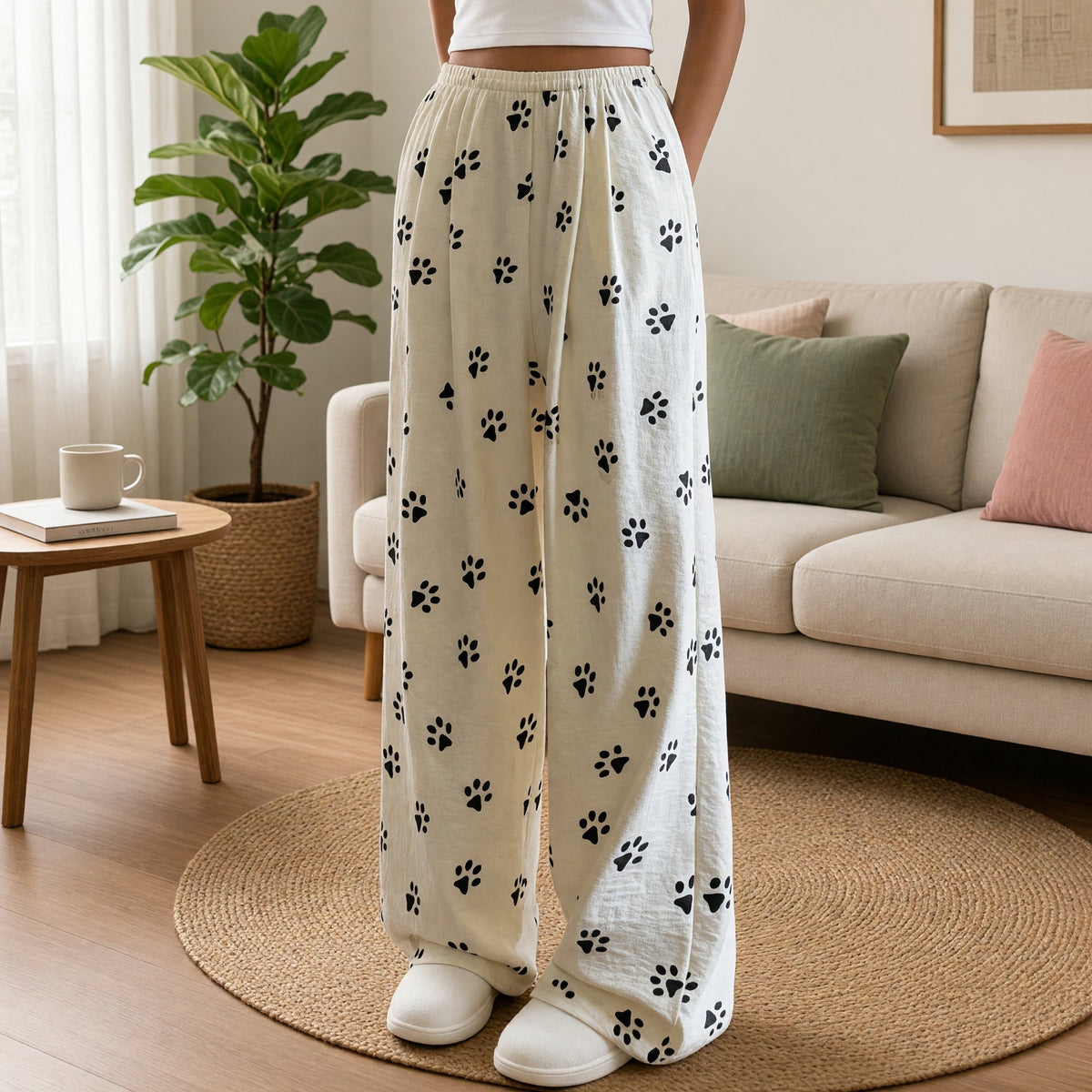 Cream Paw Print Wide-Leg Lounge Pants