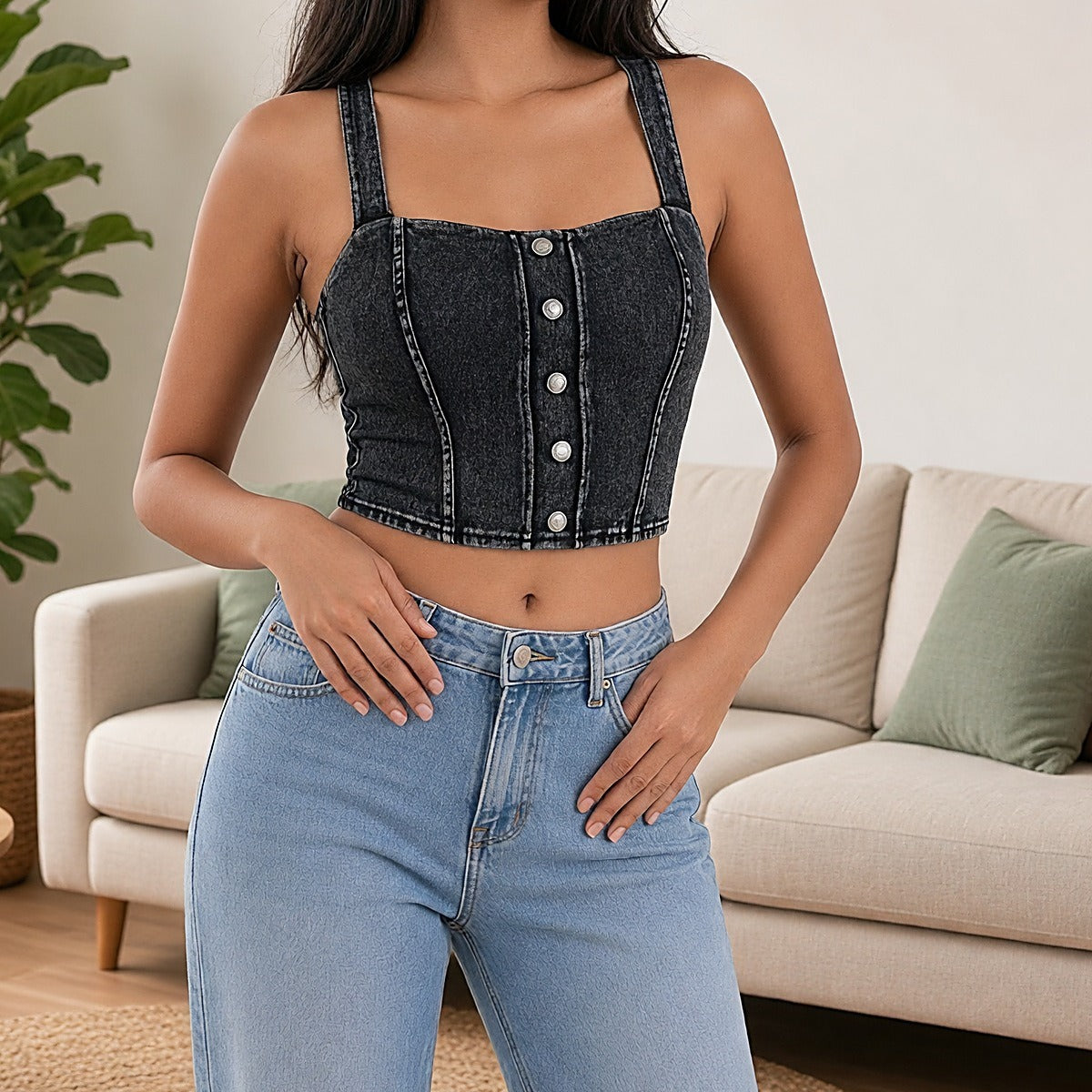 Denim-Look Built-in Bra Crop Top