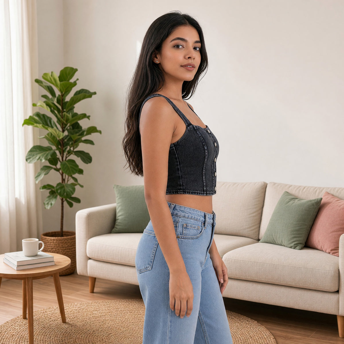 Denim-Look Built-in Bra Crop Top