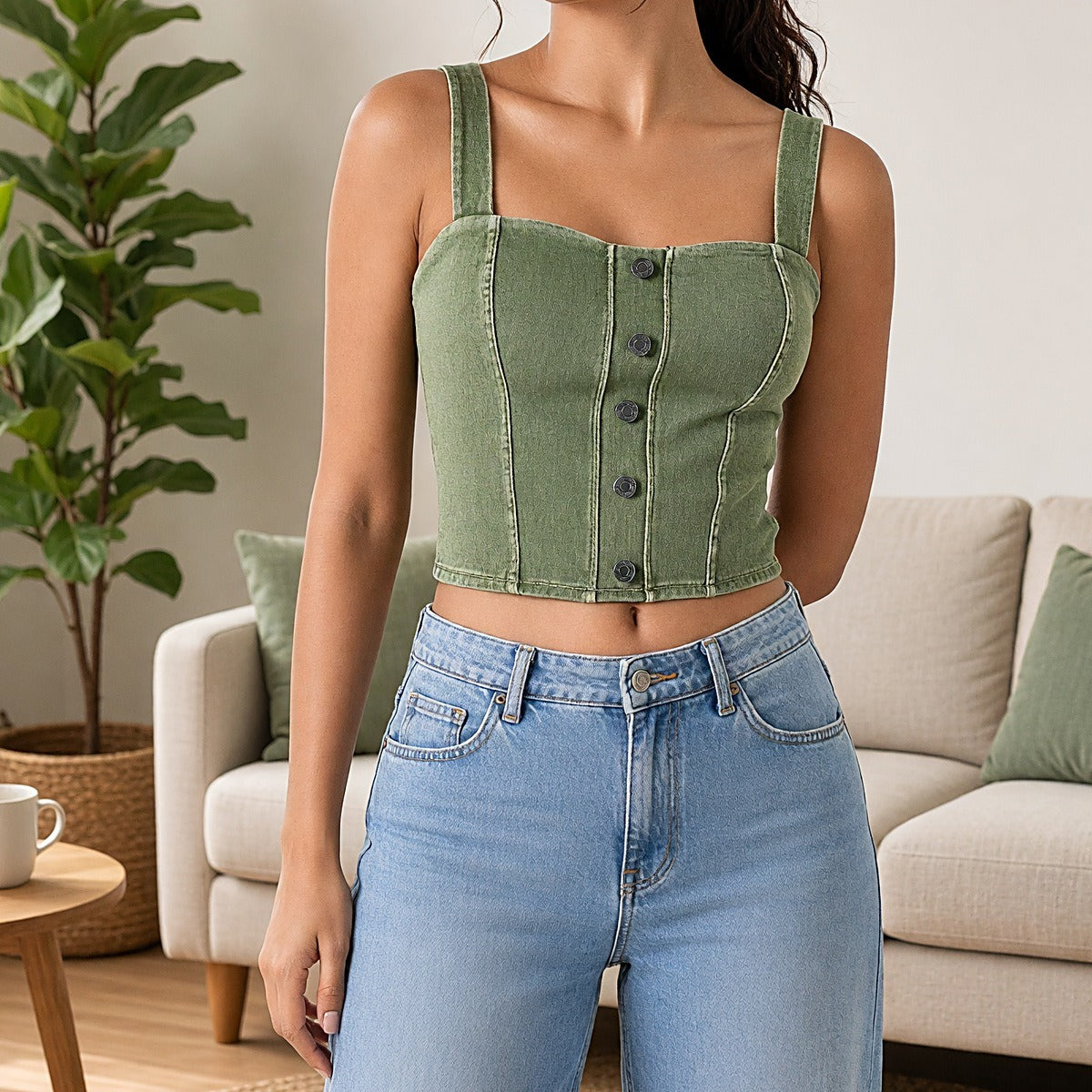 Denim-Look Built-in Bra Crop Top