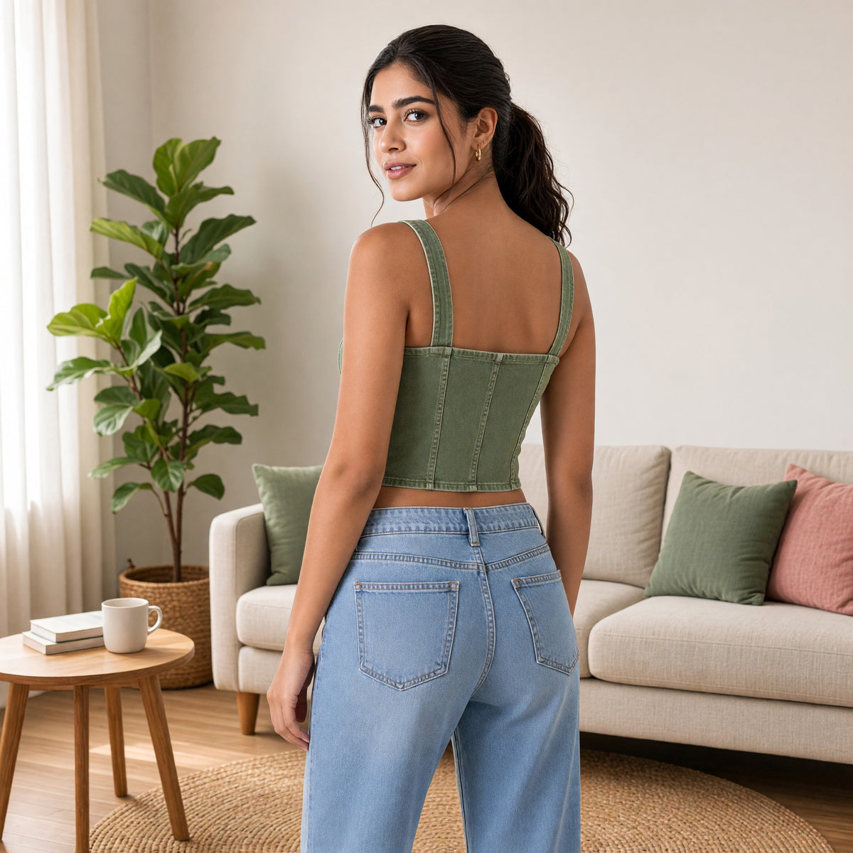 Denim-Look Built-in Bra Crop Top