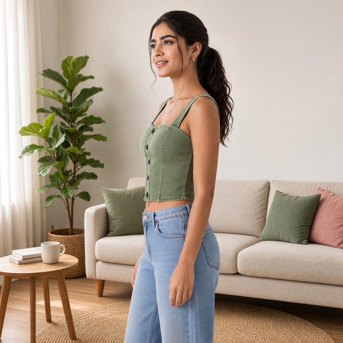 Denim-Look Built-in Bra Crop Top
