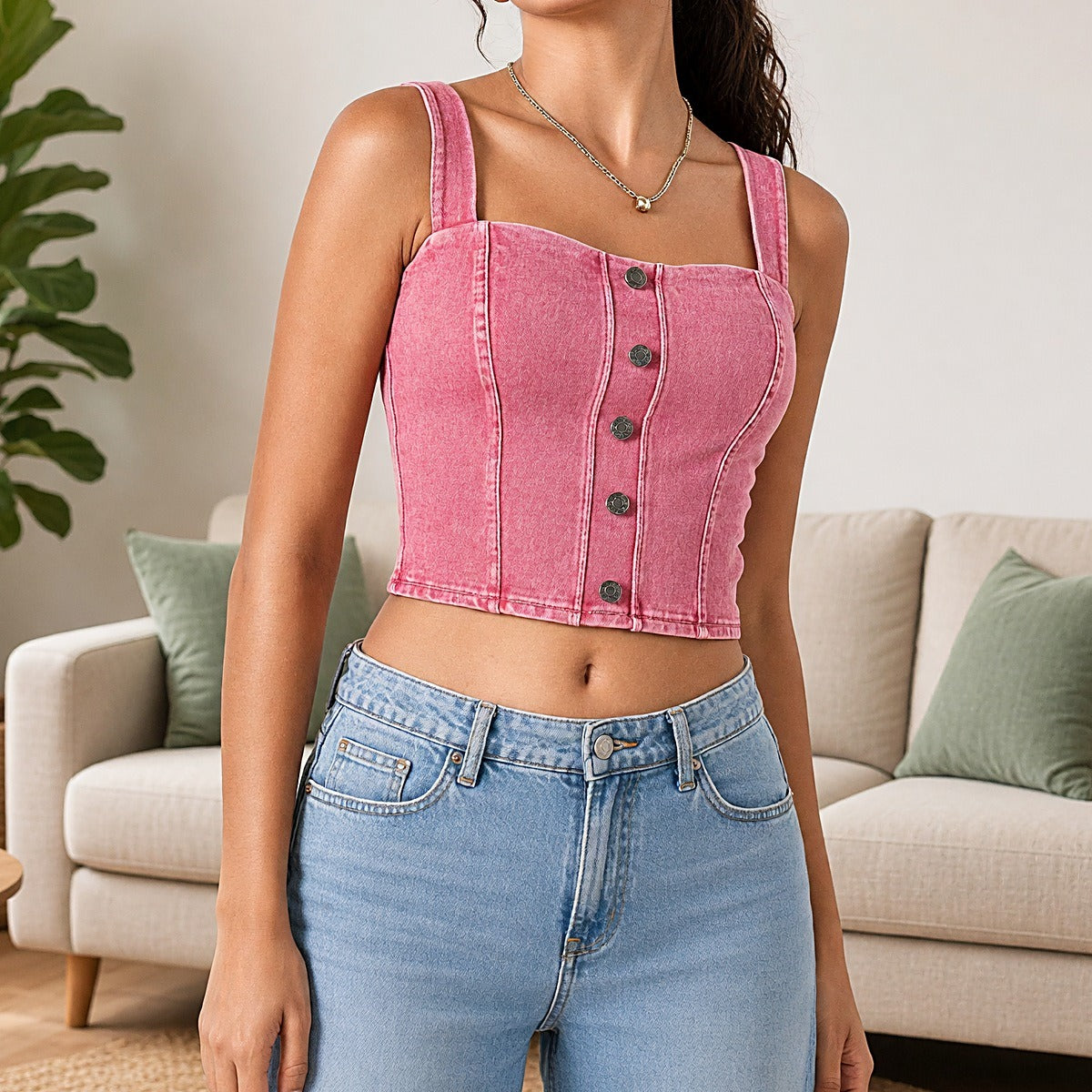 Denim-Look Built-in Bra Crop Top