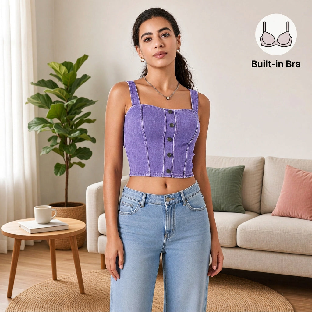 Denim-Look Built-in Bra Crop Top