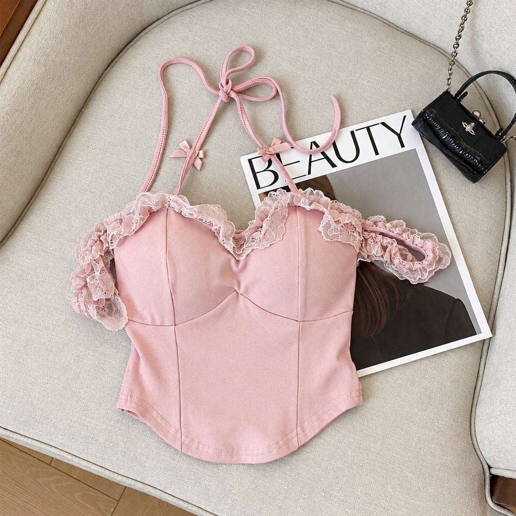 Dreamy Lace Ruffle Built - In Bra Top – Elegant & Feminine - Zero Bra