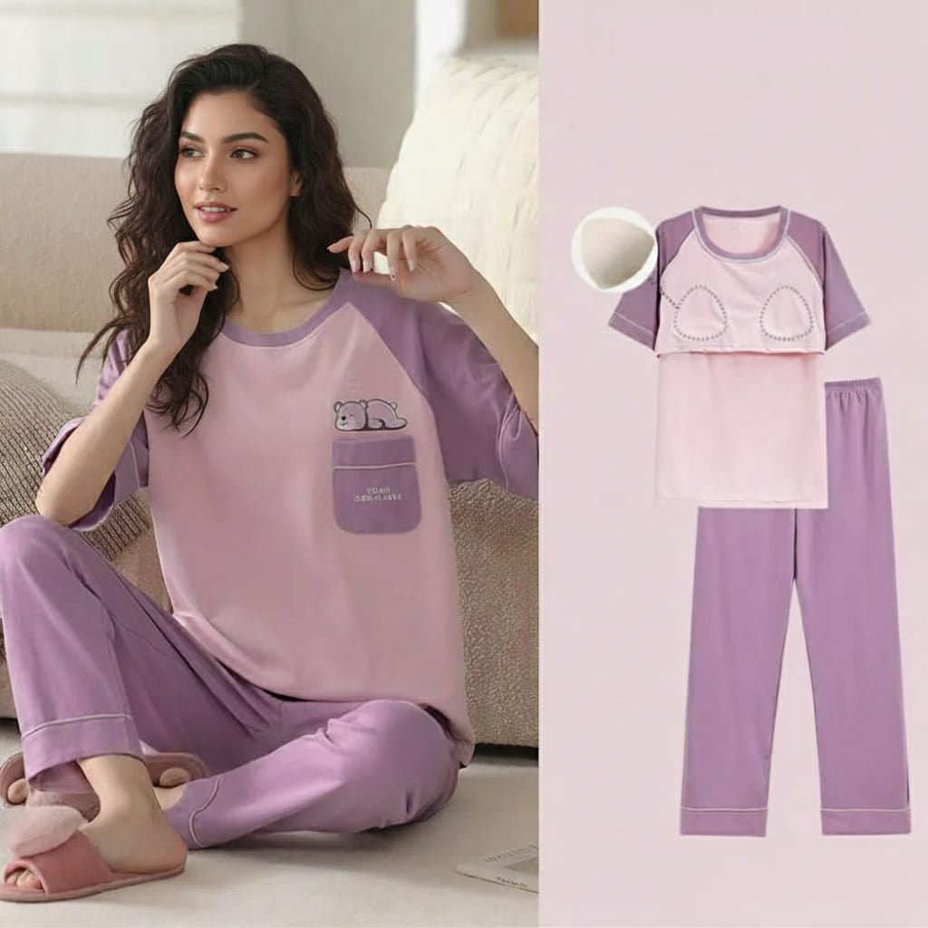 Dreamy Lilac Bear PJ Set – With Padded Charm - Zero Bra