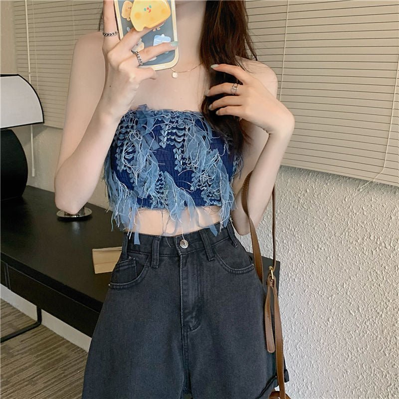 Edgy Chic Frayed Tube Top With Built In Bra - Zero Bra