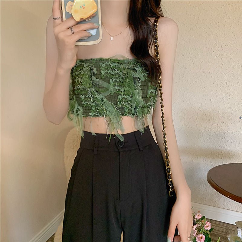 Edgy Chic Frayed Tube Top With Built In Bra - Zero Bra