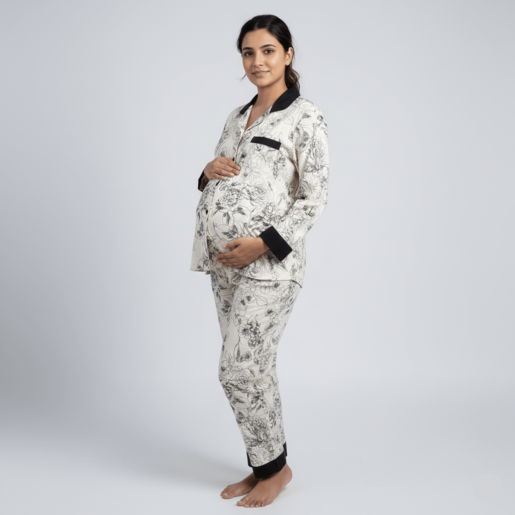 Floral Elegance Maternity & Nursing Padded PJ Set – Chic Comfort for Mama Life - Zero Bra