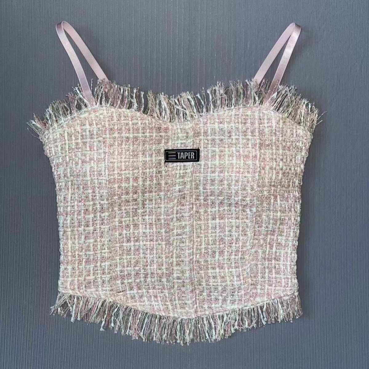Fringe - Trimmed Tweed Crop Top with Built - in Bra – Chic & Playful - Zero Bra