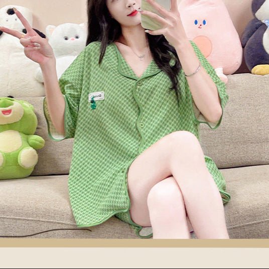 Green Check Vibes Pajama Set – Built - In Bra Edition - Zero Bra