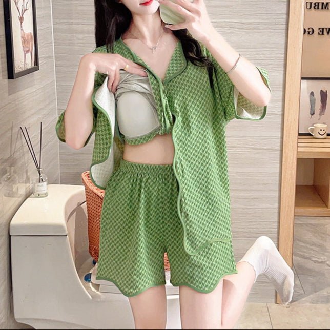 Green Check Vibes Pajama Set – Built - In Bra Edition - Zero Bra