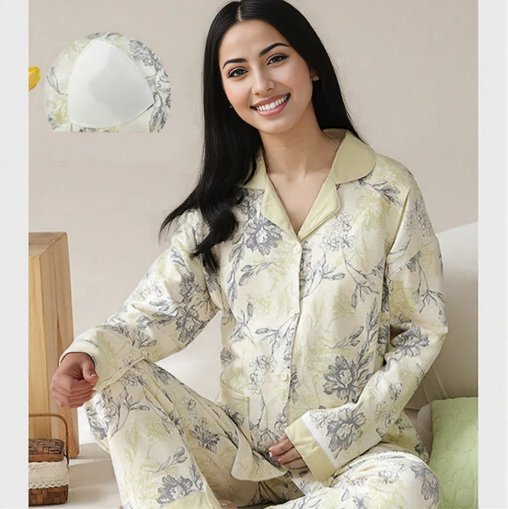 Green Floral Maternity & Nursing Padded PJ Set – Fresh Comfort & Bra - Free Ease - Zero Bra