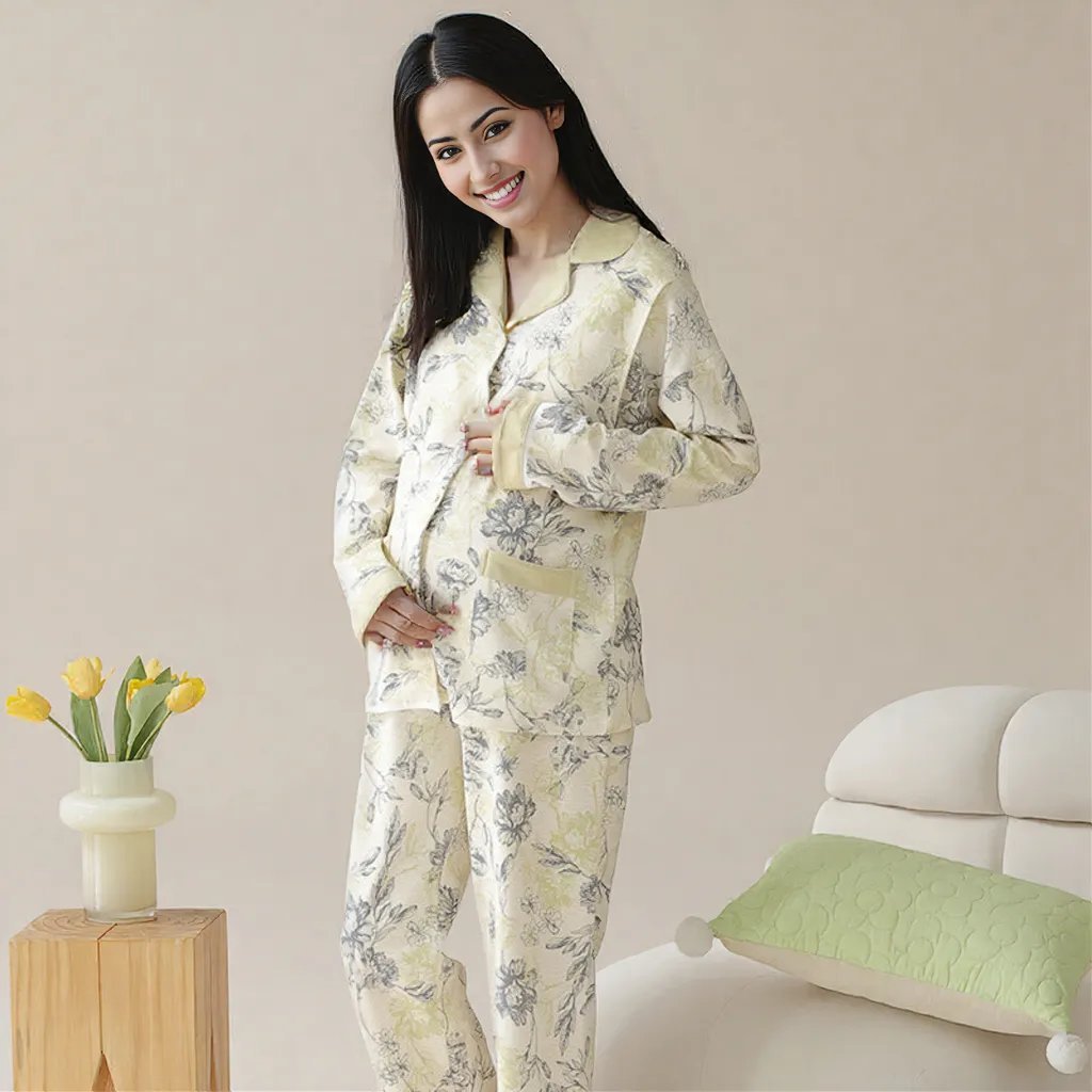 Green Floral Maternity & Nursing Padded PJ Set – Fresh Comfort & Bra - Free Ease - Zero Bra
