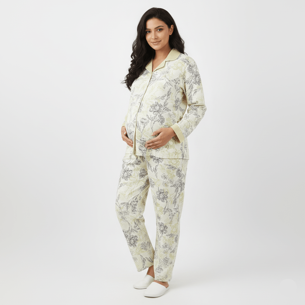 Green Floral Maternity & Nursing Padded PJ Set – Fresh Comfort & Bra - Free Ease - Zero Bra