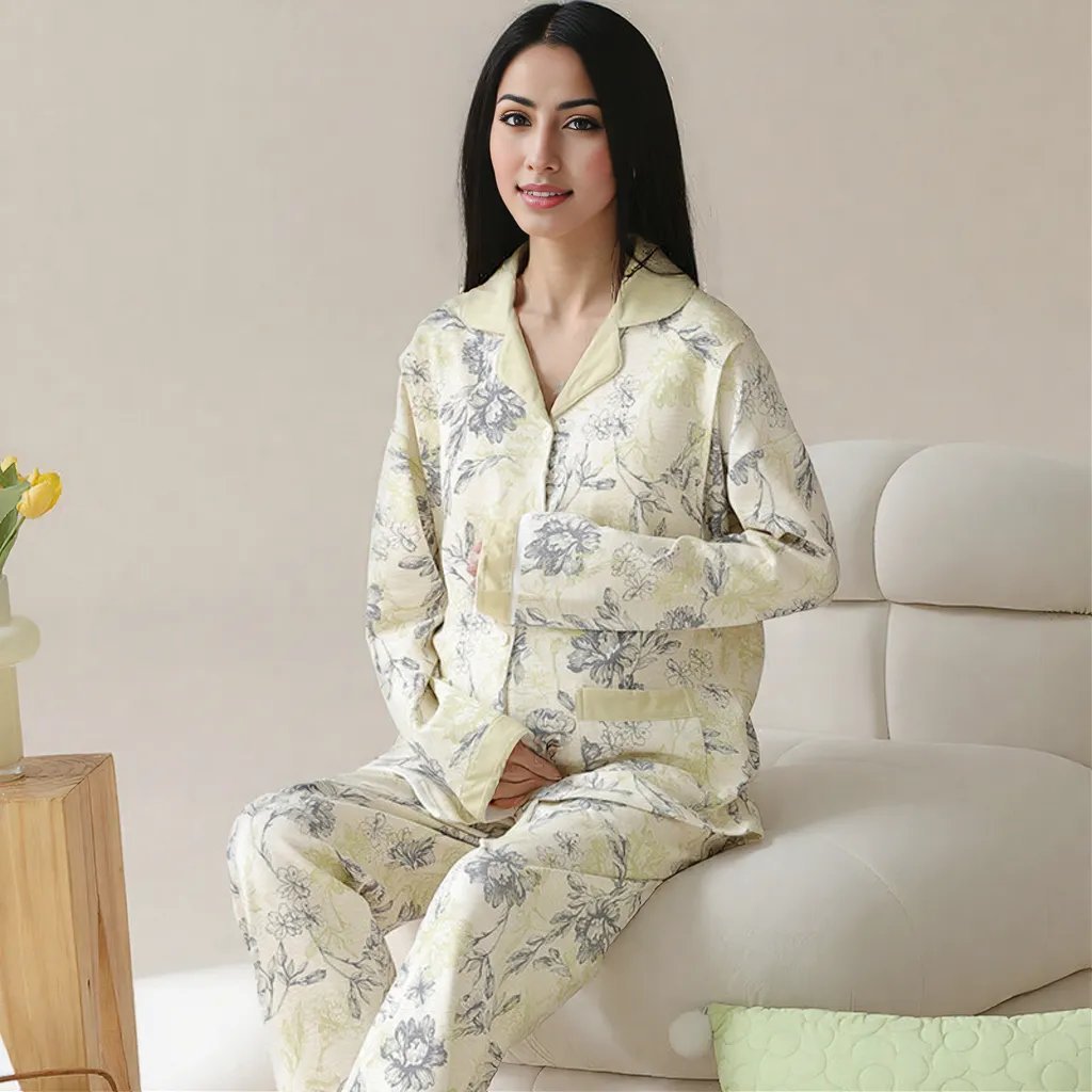 Green Floral Maternity & Nursing Padded PJ Set – Fresh Comfort & Bra - Free Ease - Zero Bra