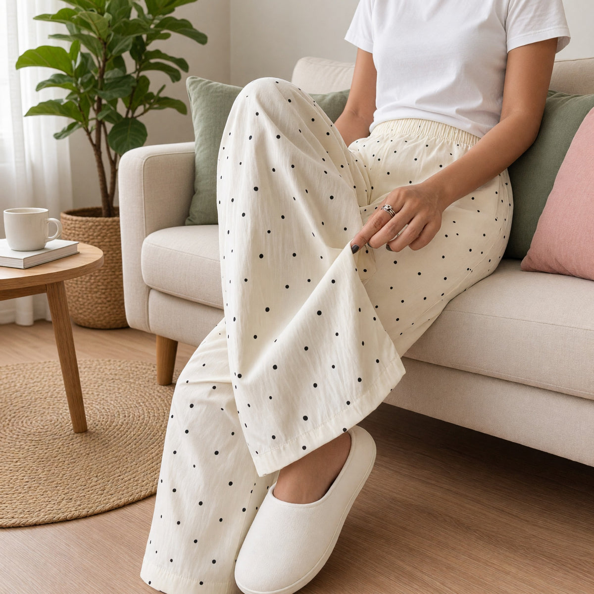 Ivory Polka Dot Wide-Leg Lounge Pants