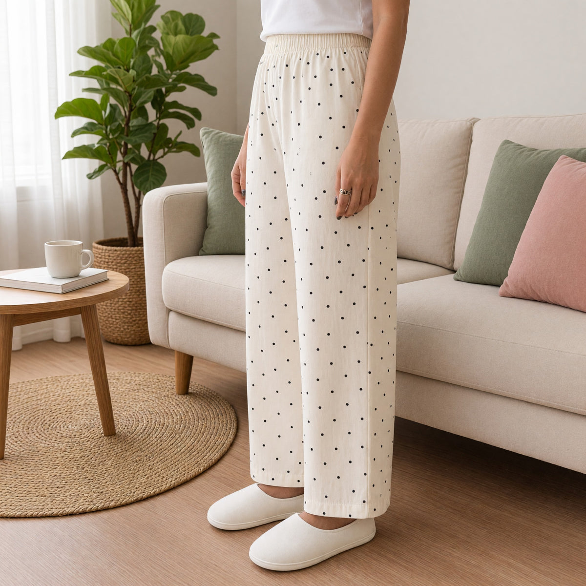 Ivory Polka Dot Wide-Leg Lounge Pants