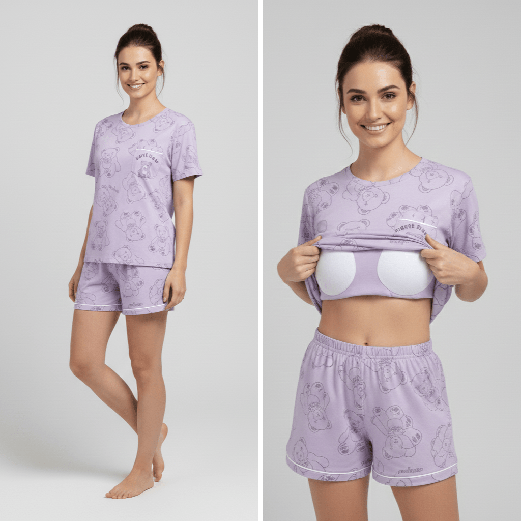 Lavender Bear PJ Set – With Padded Bliss - Zero Bra