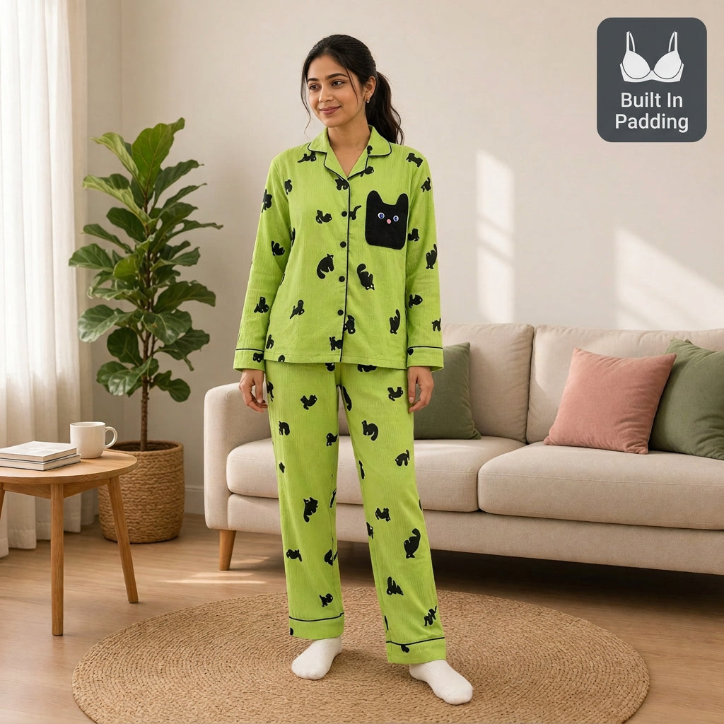 Matcha Kitty Padded Night Suit