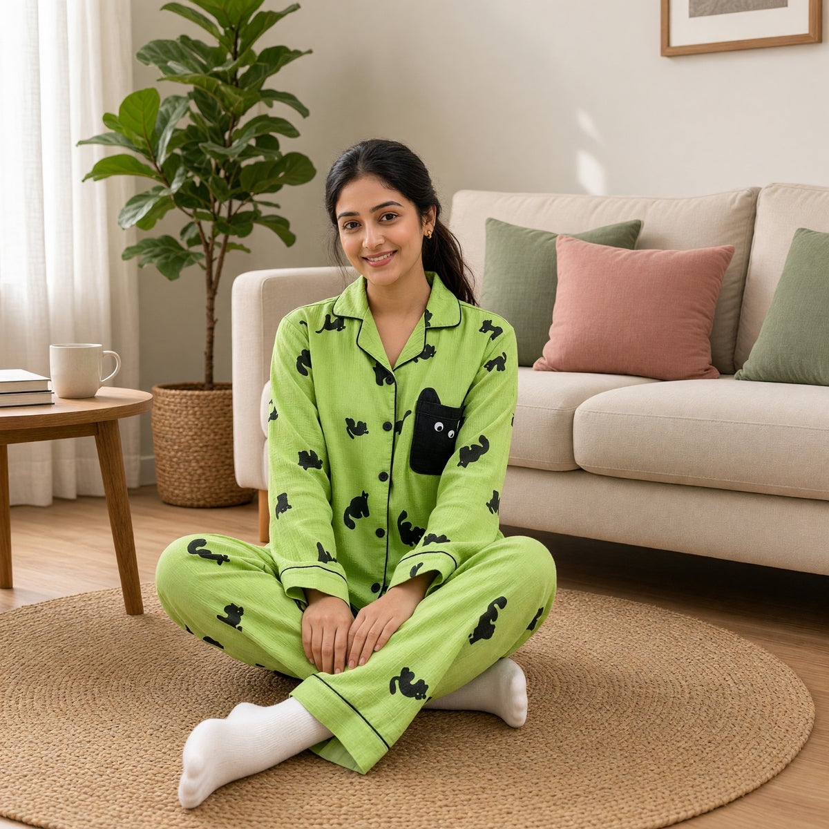 Matcha Kitty Padded Night Suit