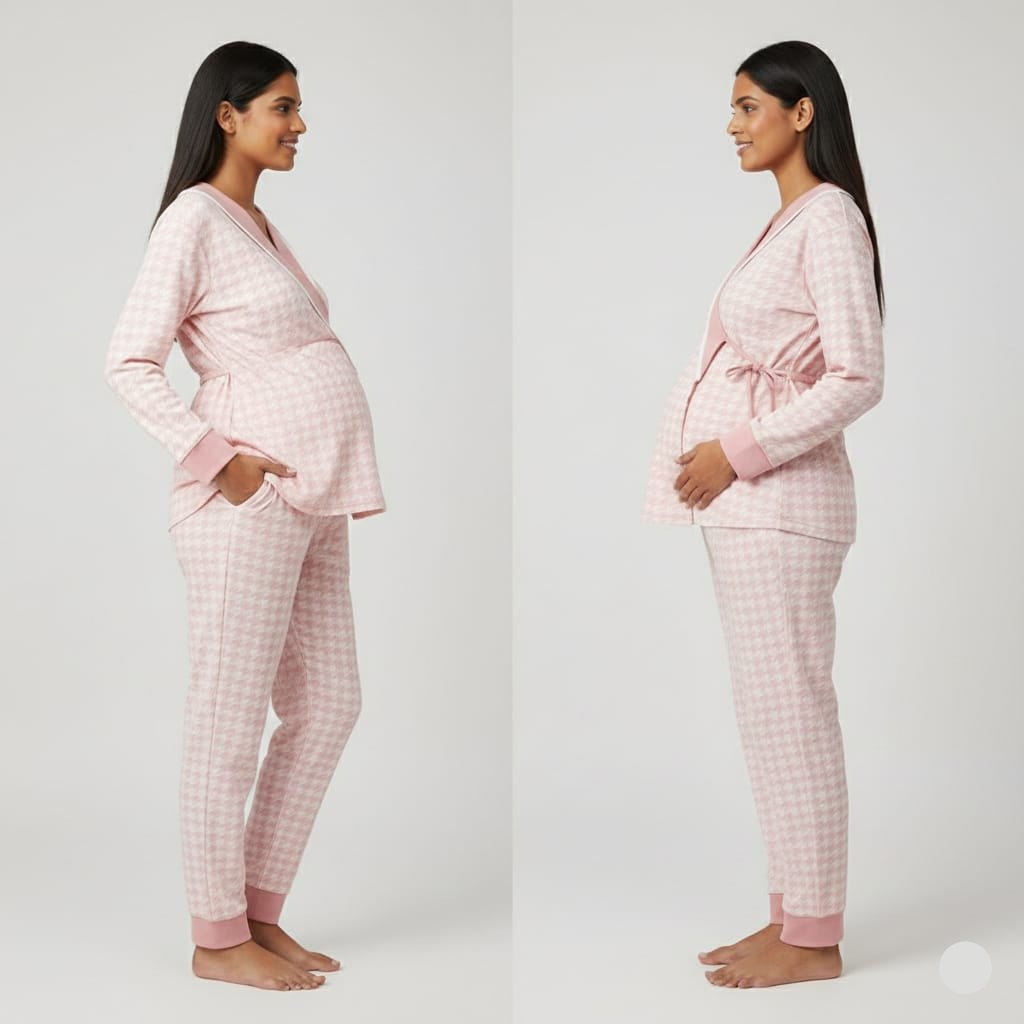Maternity Blush Houndstooth Wrap PJ Set – With Padded Comfort - Zero Bra