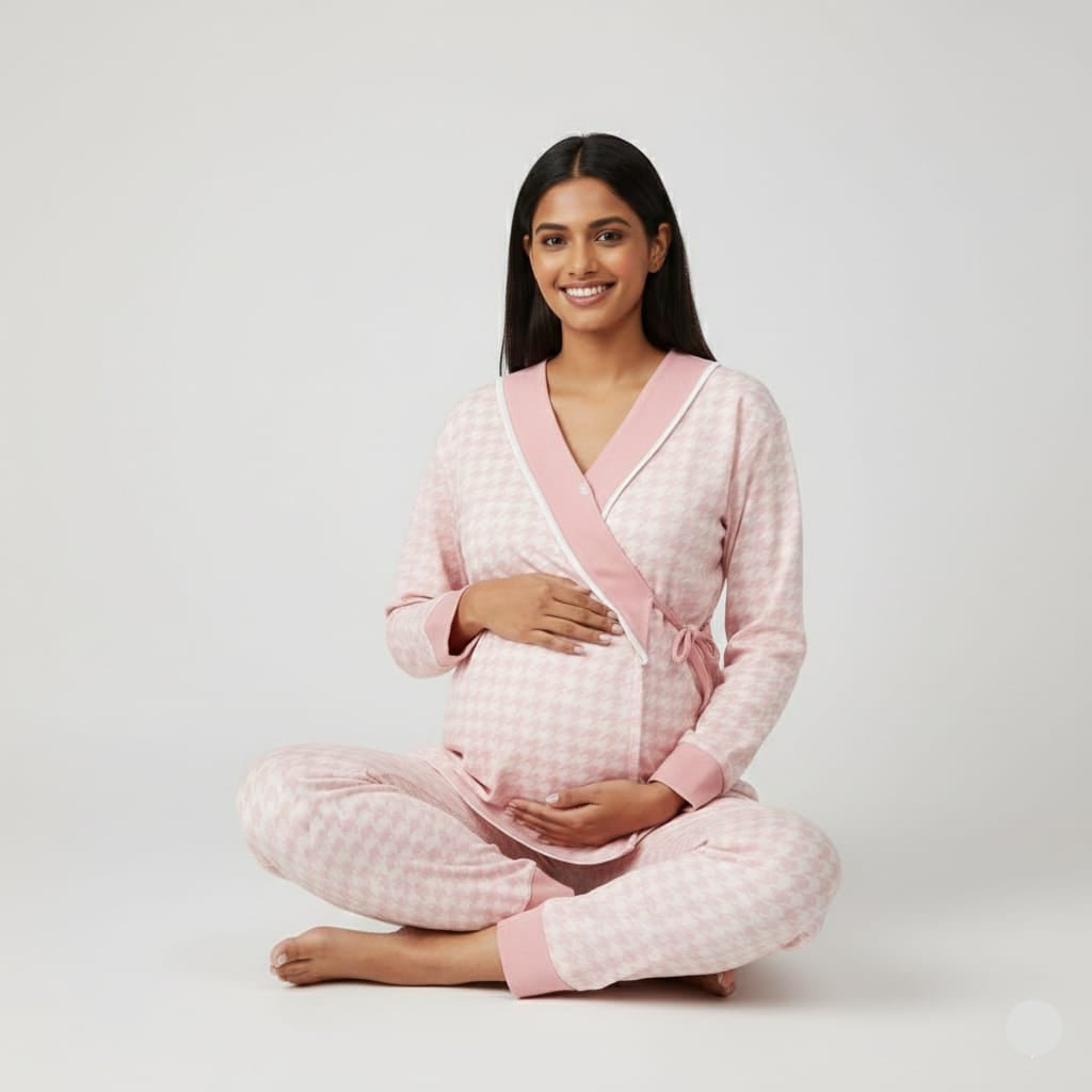 Maternity Blush Houndstooth Wrap PJ Set – With Padded Comfort - Zero Bra
