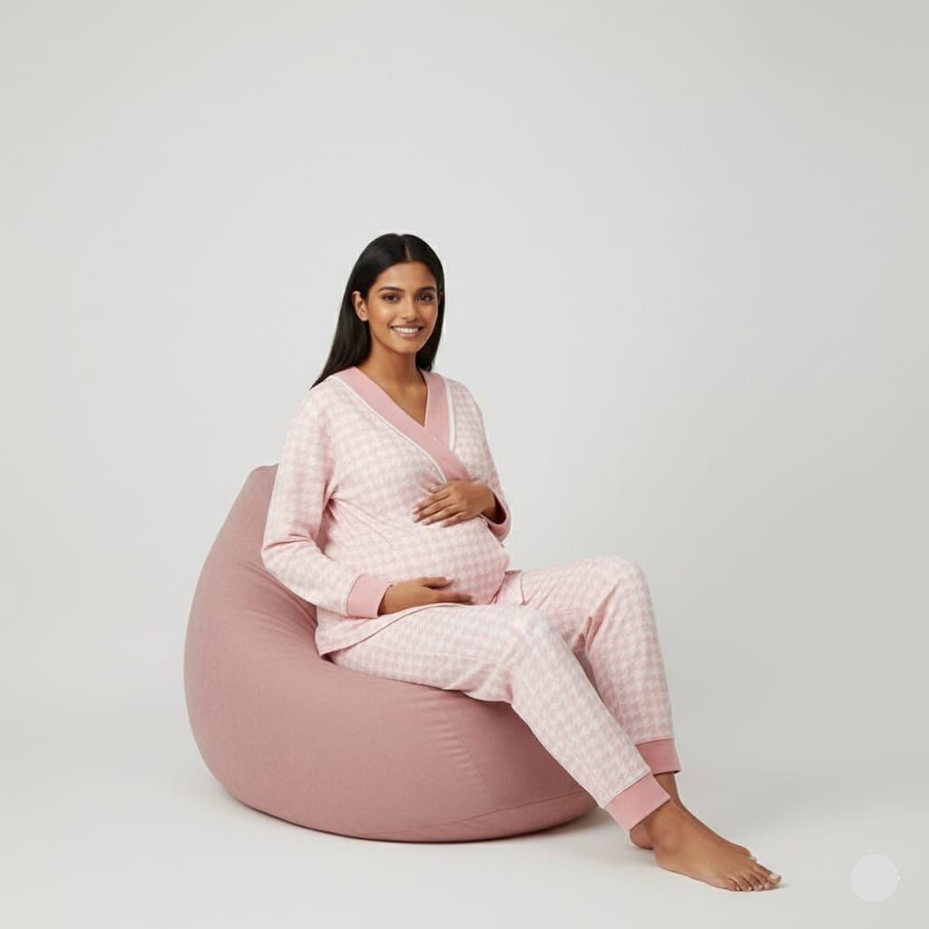 Maternity Blush Houndstooth Wrap PJ Set – With Padded Comfort - Zero Bra