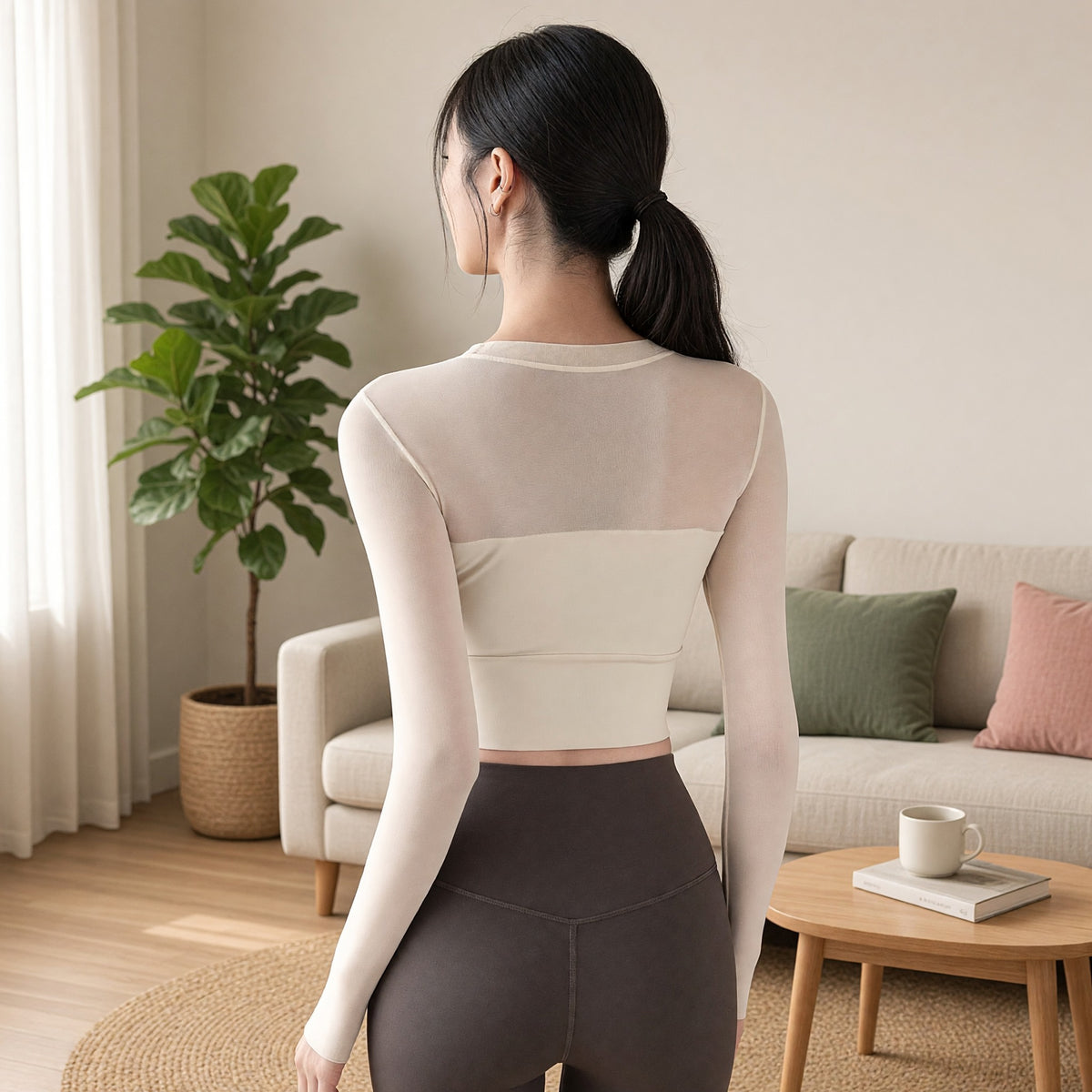 Mesh Long-Sleeve Built-in Bra Crop Top