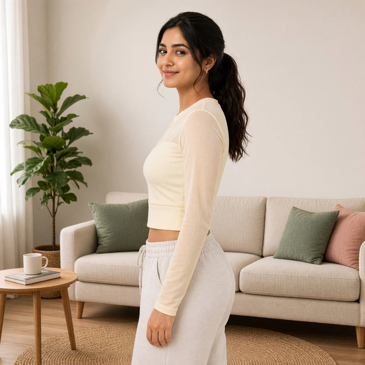 Mesh Long-Sleeve Built-in Bra Crop Top