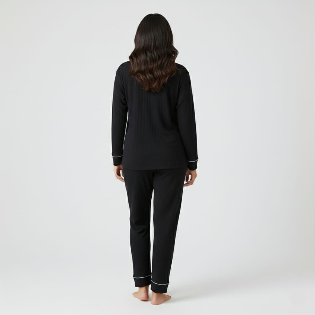 Midnight Luxe Ribbed PJ Set – With Padded Bliss - Zero Bra