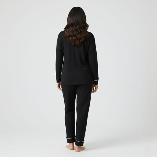 Midnight Luxe Ribbed PJ Set – With Padded Bliss - Zero Bra