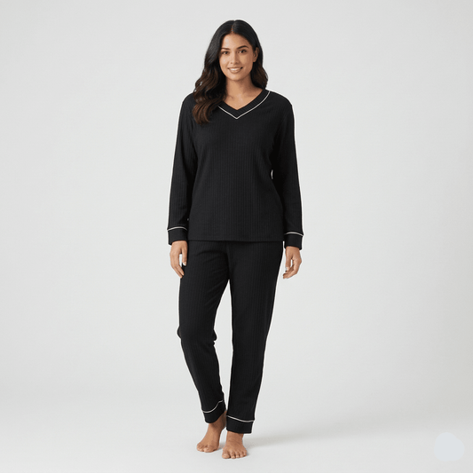 Midnight Luxe Ribbed PJ Set – With Padded Bliss - Zero Bra
