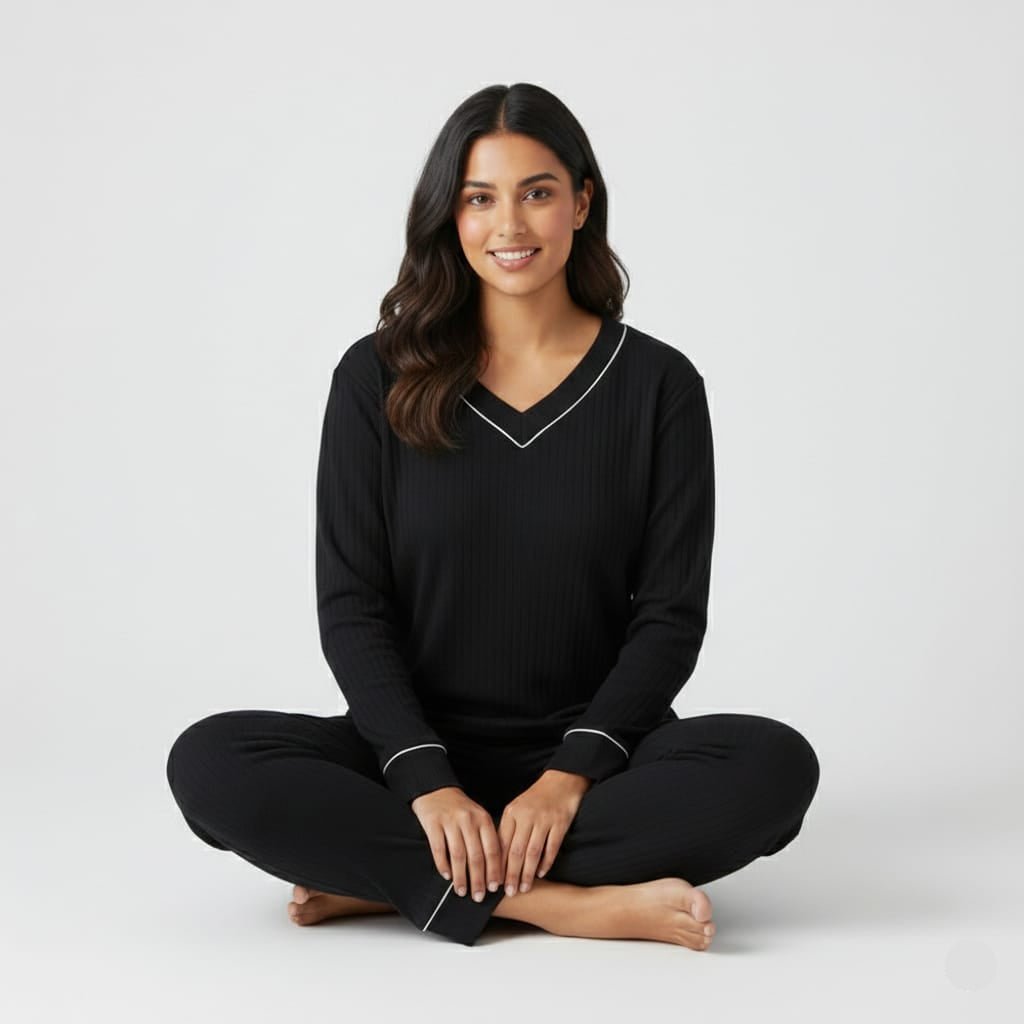 Midnight Luxe Ribbed PJ Set – With Padded Bliss - Zero Bra