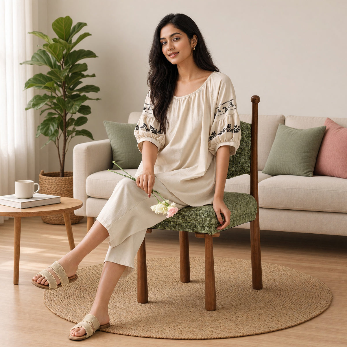 Moonlit Meadow Embroidered Padded Night Suit