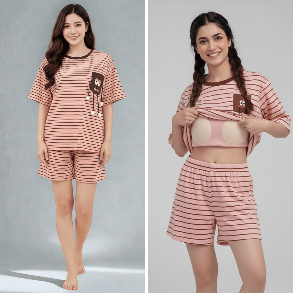 Peachy Stripes PJ Set – With Padded Bliss - Zero Bra