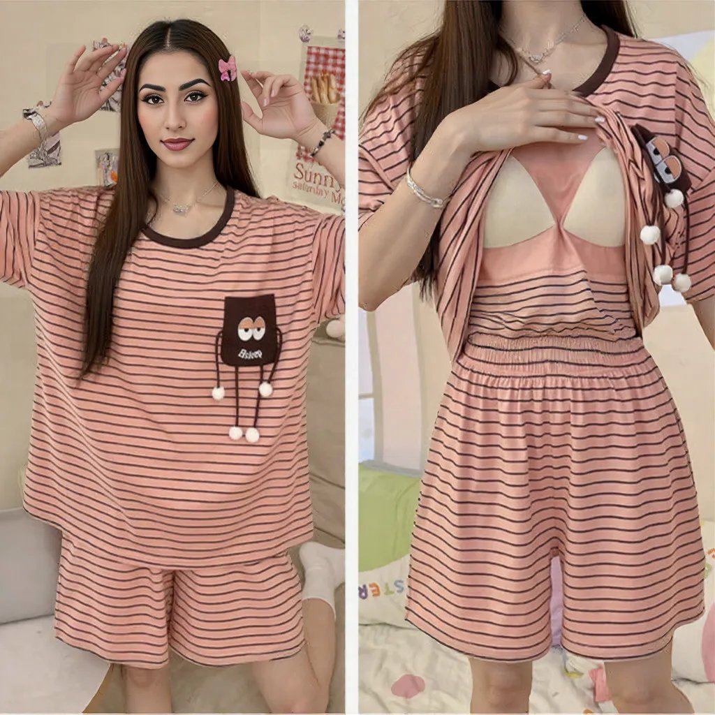 Peachy Stripes PJ Set – With Padded Bliss - Zero Bra