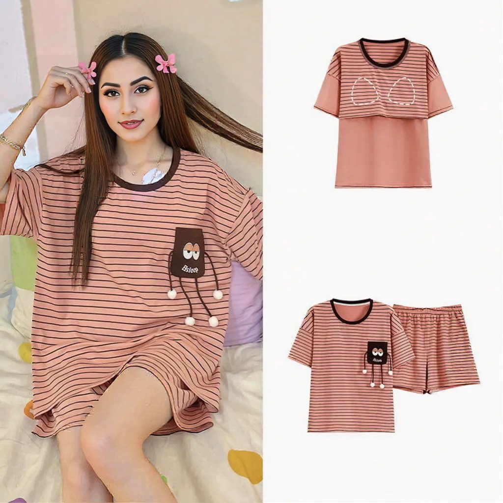Peachy Stripes PJ Set – With Padded Bliss - Zero Bra