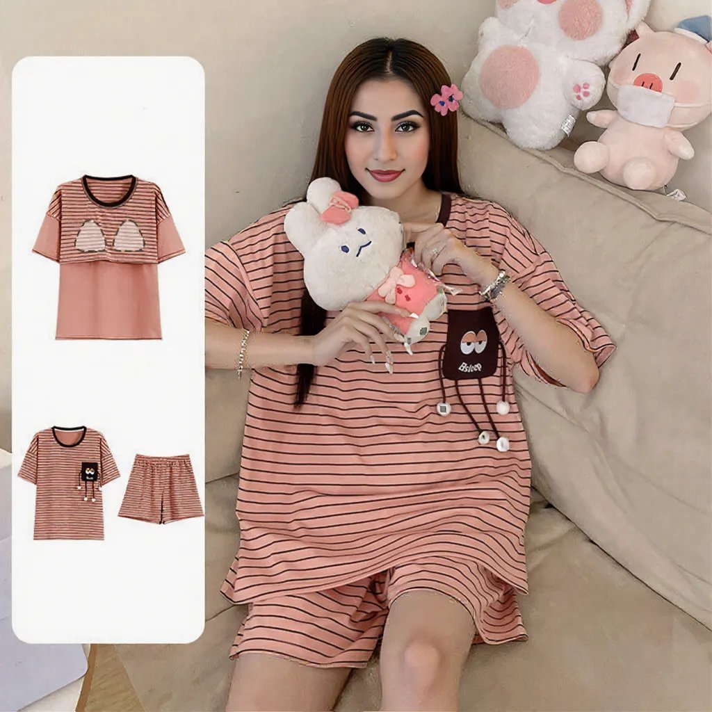 Peachy Stripes PJ Set – With Padded Bliss - Zero Bra